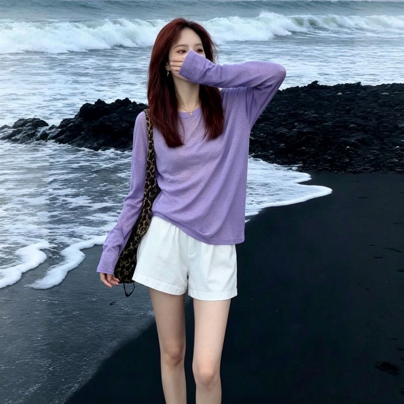 欧货度假风微透防晒罩衫长袖T恤女 2026夏新款大胖mm宽松网纱上衣