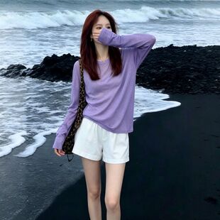 欧货度假风微透防晒罩衫长袖T恤女 2026夏新款大胖mm宽松网纱上衣