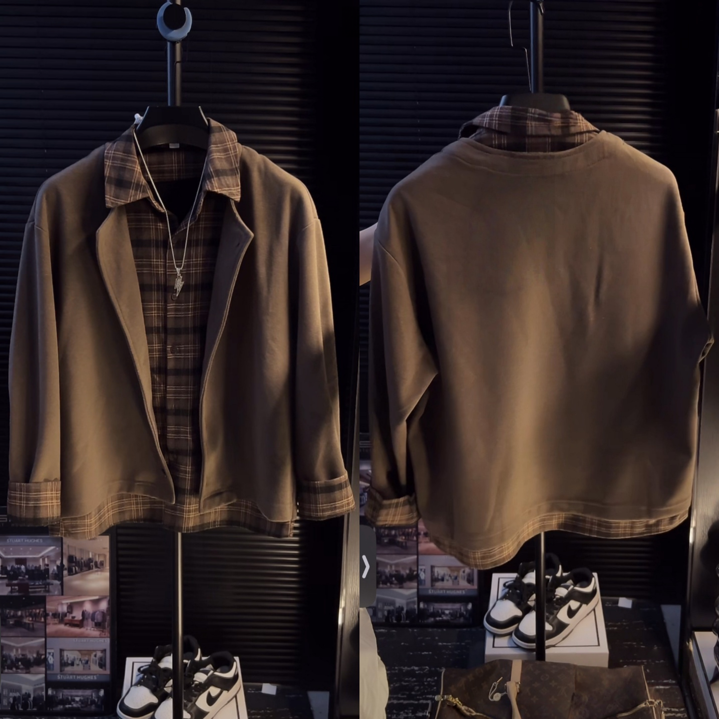 美式复古假两件格子衬衫外套