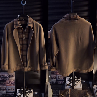 潮牌休闲百搭情侣同款 美式 新款 外套男秋季 上衣 复古假两件格子衬衫