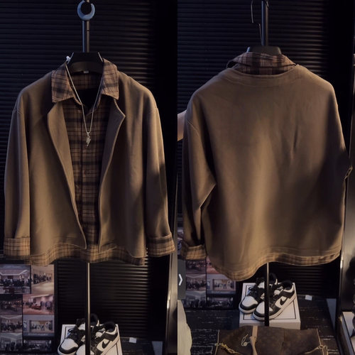 美式复古假两件格子衬衫外套