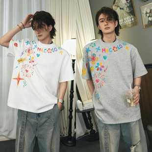 T恤男女潮牌情侣休闲宽松上衣 小众设计复古潮流彩色短袖 韩版 个性