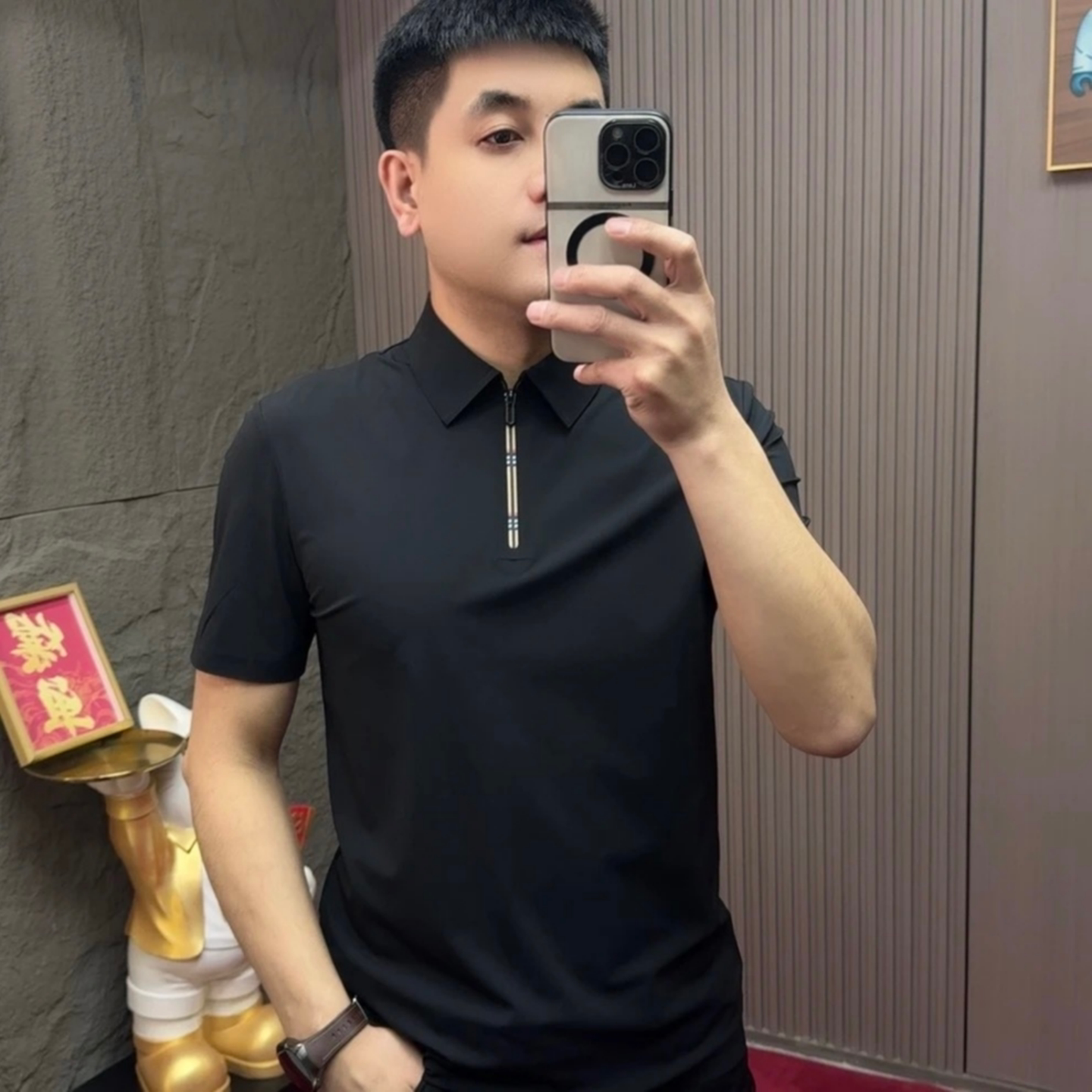 春夏季男士时尚修身商务休闲短袖翻领透气POLO衫半拉链设计高级感