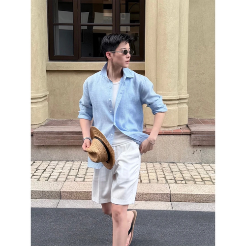 夏季男士麻感细格纹长袖休闲衬衫