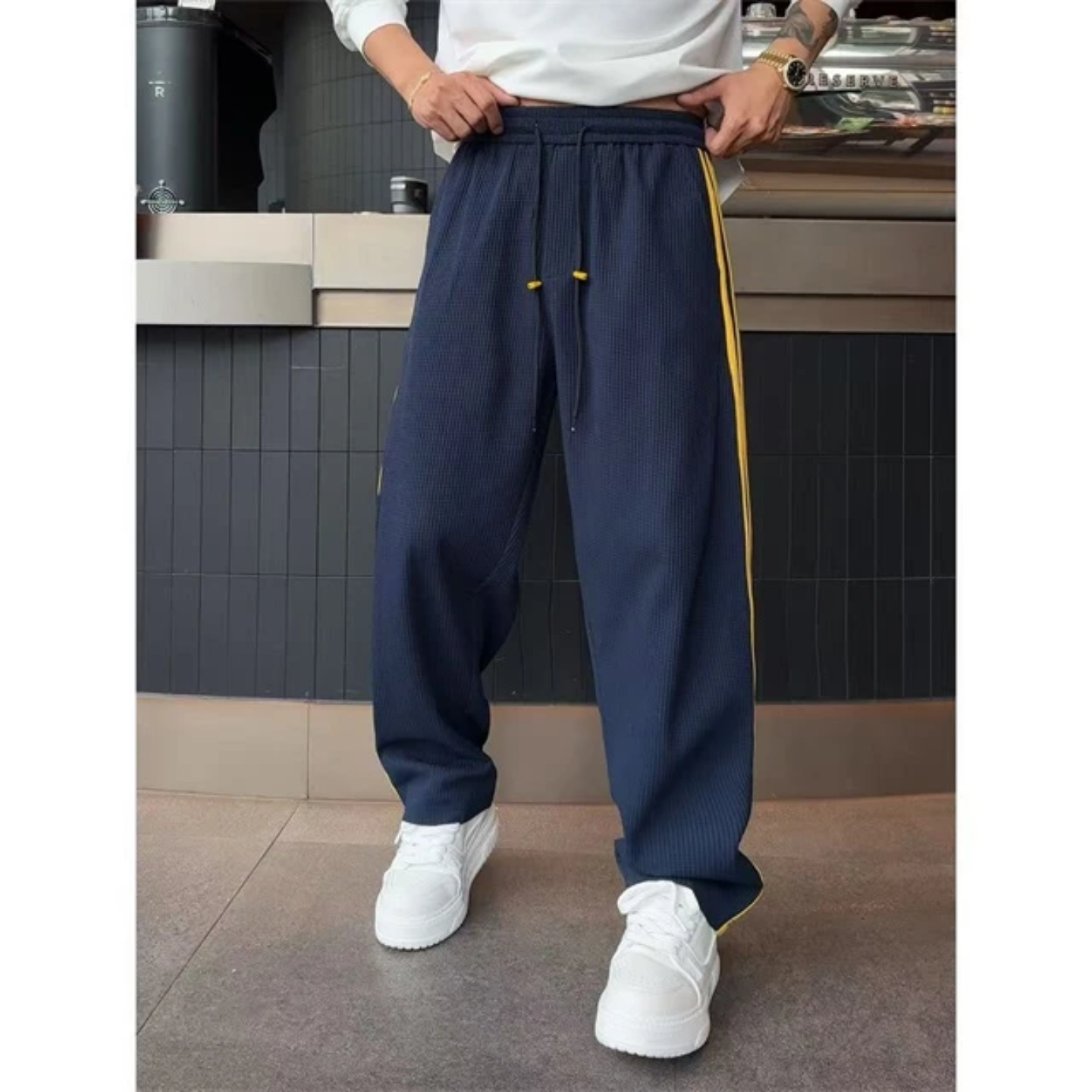 春季男士华夫格撞色条纹休闲卫裤