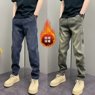 简约韩版纯色长裤2025冬季百搭弹力加绒卫裤复古水洗男士牛仔裤潮