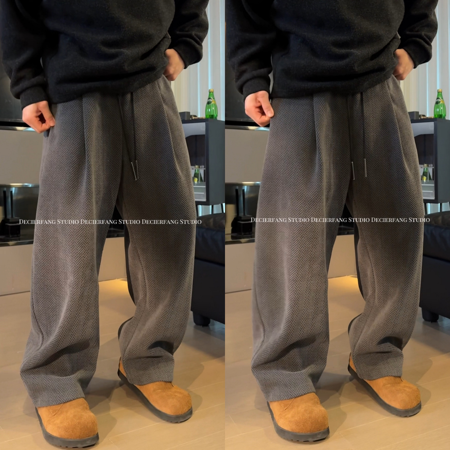 高品质韩版慵懒风斜纹休闲裤冬季新品男士宽松直筒阔腿裤百搭长裤