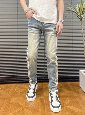 夏季新款男装潮流休闲裤镶边条纹设计修身小脚牛仔裤痞帅高级轻奢