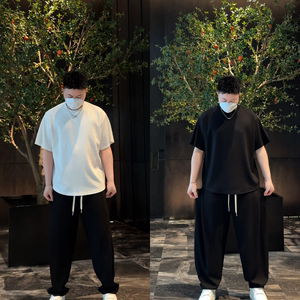 夏季新款时尚纯色套装轻薄冰感极简短袖松弛感百搭直筒休闲裤情侣
