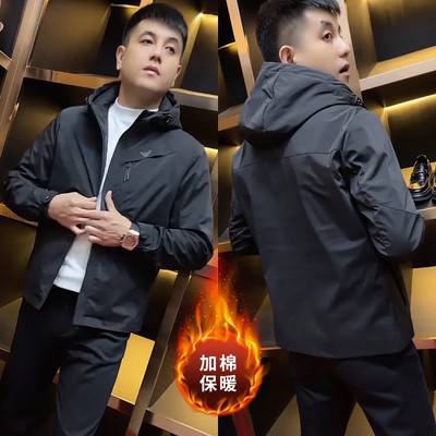 男士连帽夹克2025秋季新款时尚百搭加棉气质商务潮牌冲锋衣外套潮