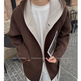 高级感【冬季上新】双面穿连帽夹克外套男士中长款大衣时尚百搭款