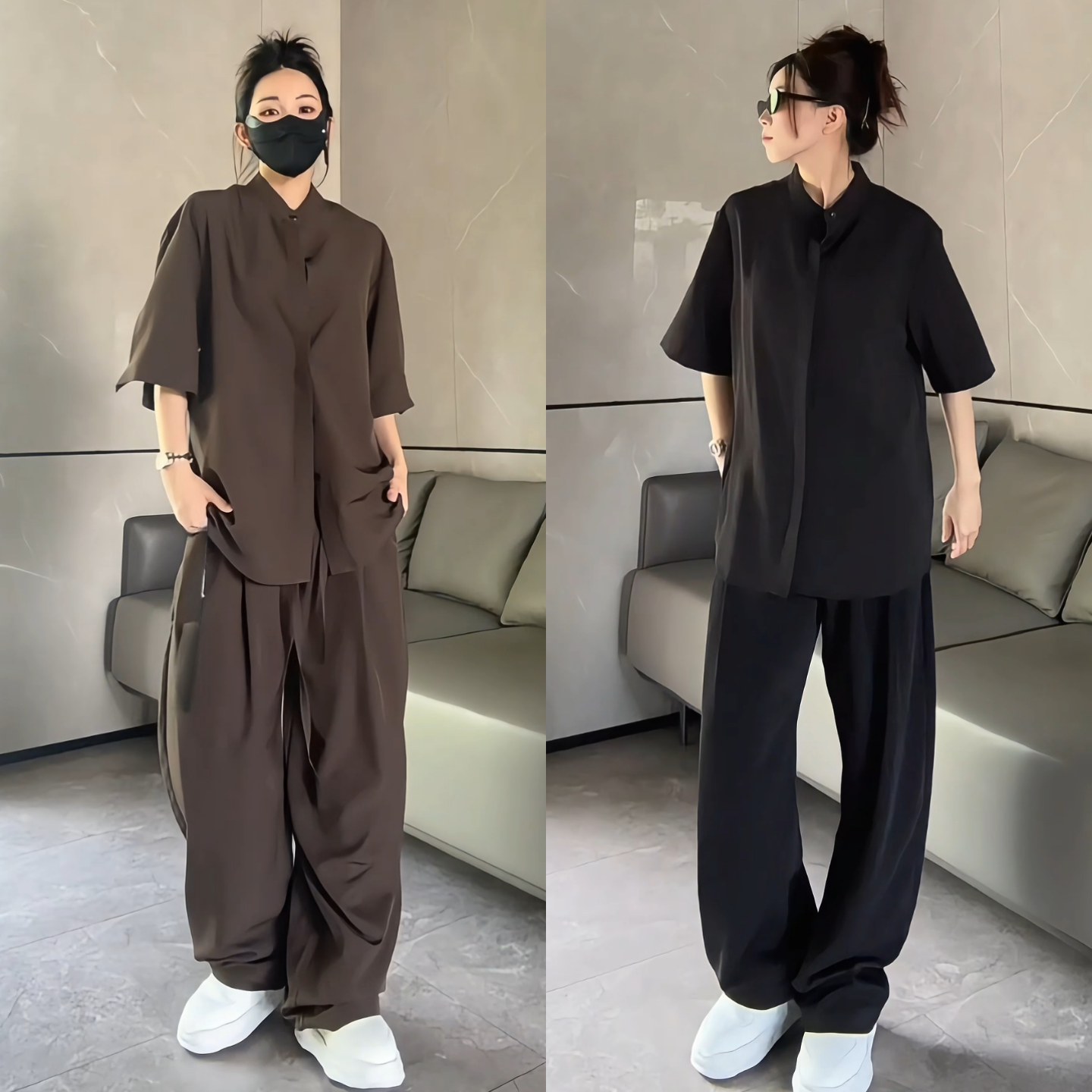 立领休闲衬衫新贵风套装男女夏季薄款简约慵懒感短袖休闲裤两件套