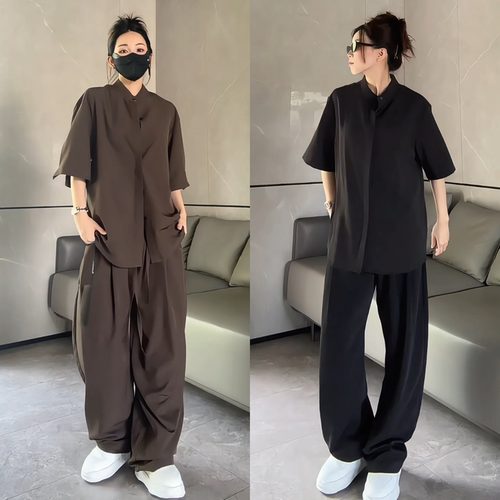 立领休闲衬衫新贵风套装男女夏季薄款简约慵懒感短袖休闲裤两件套