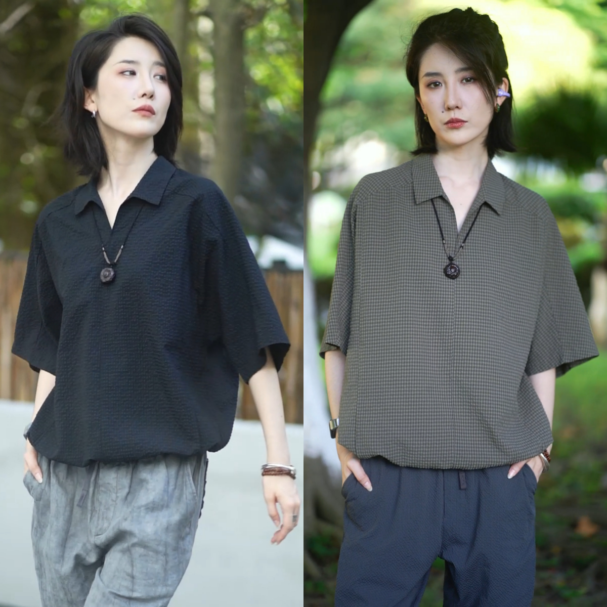 时尚潮流设计款男装夏季休闲翻领泡泡纱短袖T恤男女同款半袖上衣