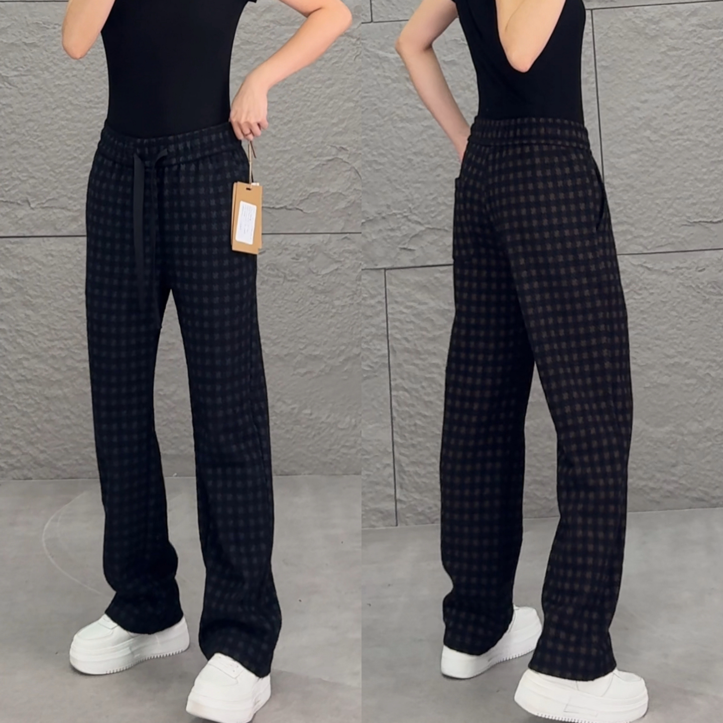 秋季新款时尚格子抽绳直筒休闲裤潮流韩系气质百搭垂感舒适长裤男