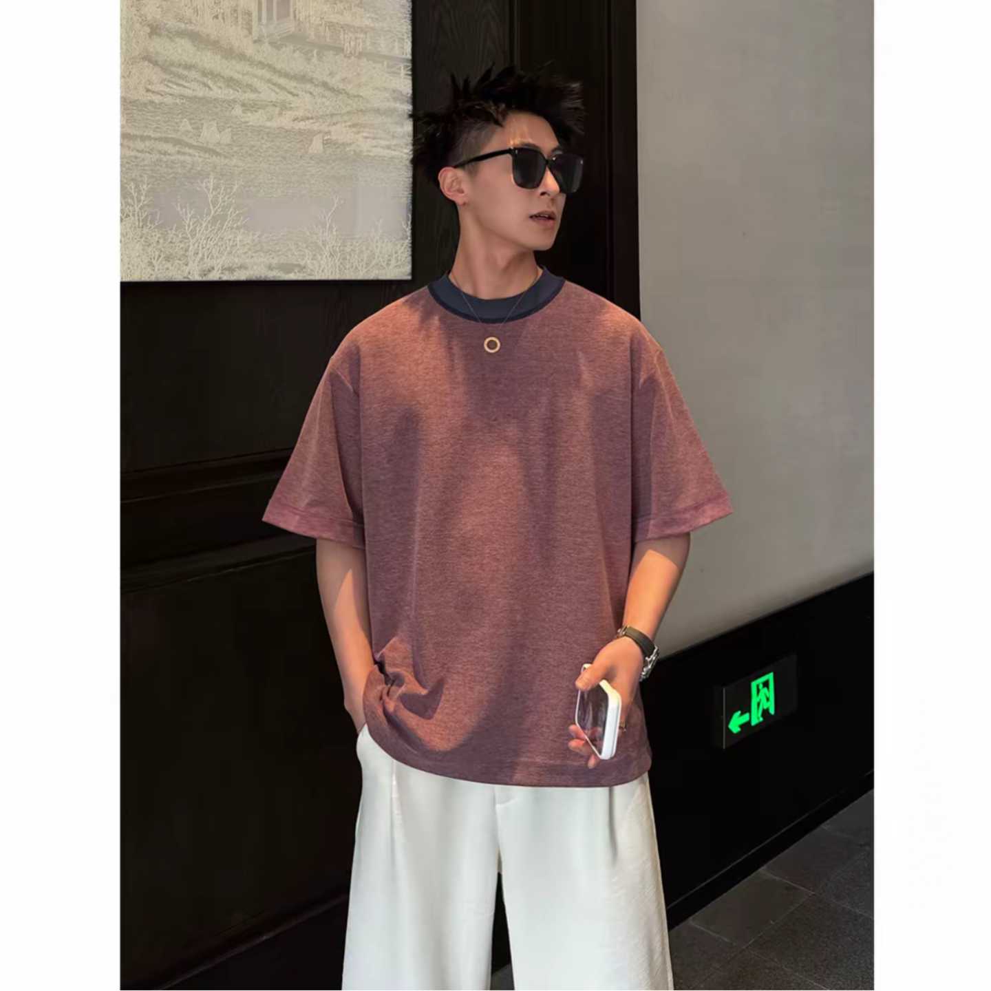 撞色老钱风男士百搭春夏季短袖凉感圆领潮流T恤休闲高级时尚痞帅