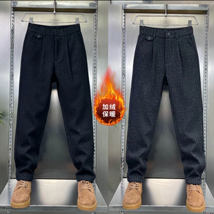 男士加绒加厚直筒休闲裤冬季新款保暖条纹商务休闲西裤高品质潮牌