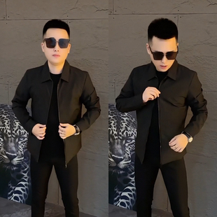 秋季新款商务休闲行政夹克男士百搭纯色黑外套轻奢高品质男款上衣