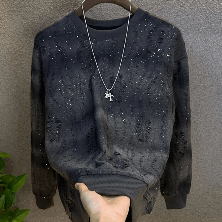 2025早秋新款男款上衣爆款轻奢高定短袖卫衣潮流亮片渐变破洞圆领