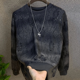 2025早秋新款男款上衣爆款轻奢高定长袖卫衣潮流亮片渐变破洞圆领