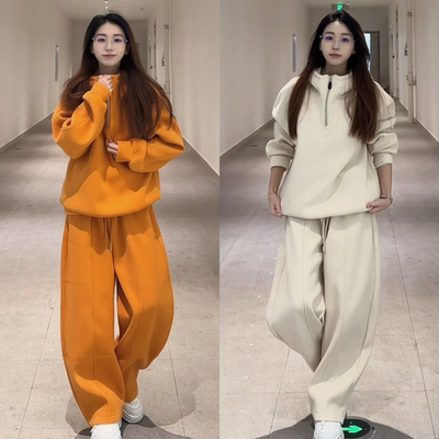 半拉链连帽立体套装冬季加厚保暖时尚百搭运动卫衣卫裤男女两件套