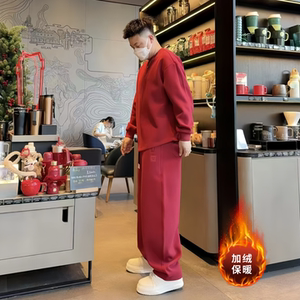 直播同款加绒套装冬季新款男士时尚潮流圆领卫衣卫裤两件套高品质