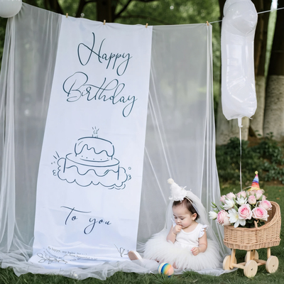 ins风白色网纱幔生日场景布置装饰背景挂布气球户外草坪拍照道具