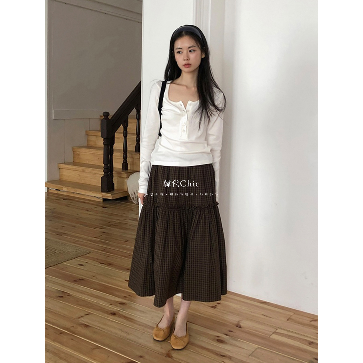 韩代Chic 博主同款秋冬有魅力情调复古格纹荷叶边半身裙