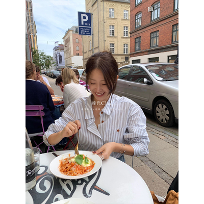 韩代Chic magnet 经典清爽简洁干练拼色棉质感条纹衬衫