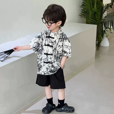 国风新中式男童夏季汉服短袖短裤套装水墨画风唐装表演服