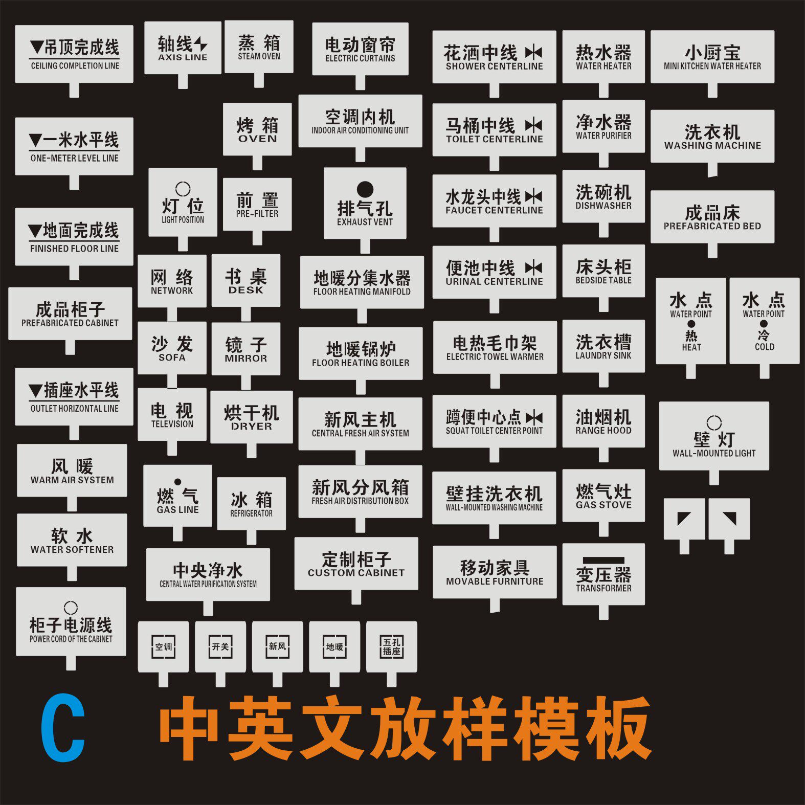 定制家装修放样模板镂空喷字牌工地喷漆中英文标识水电定位字牌