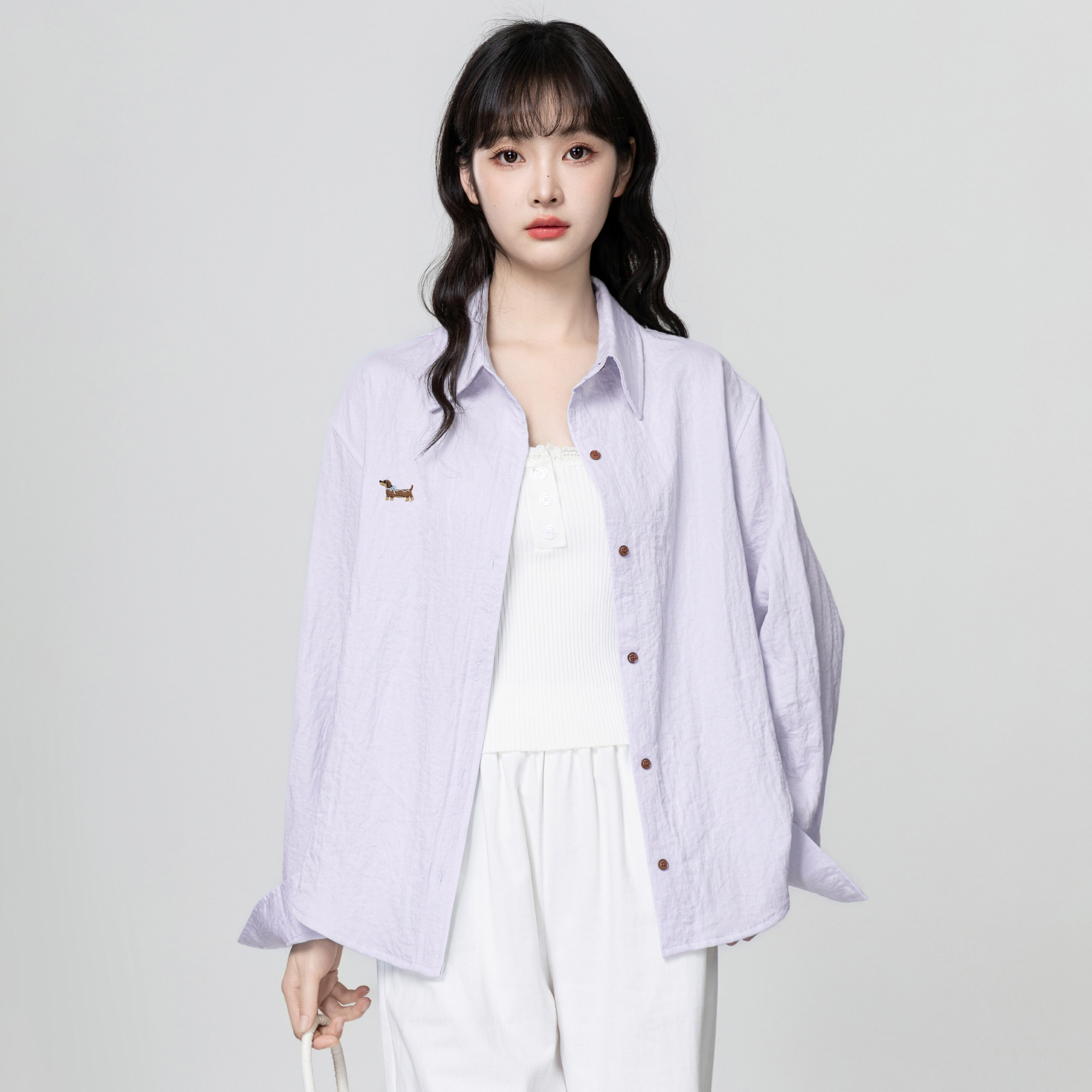浅紫色长袖衬衫外套女春