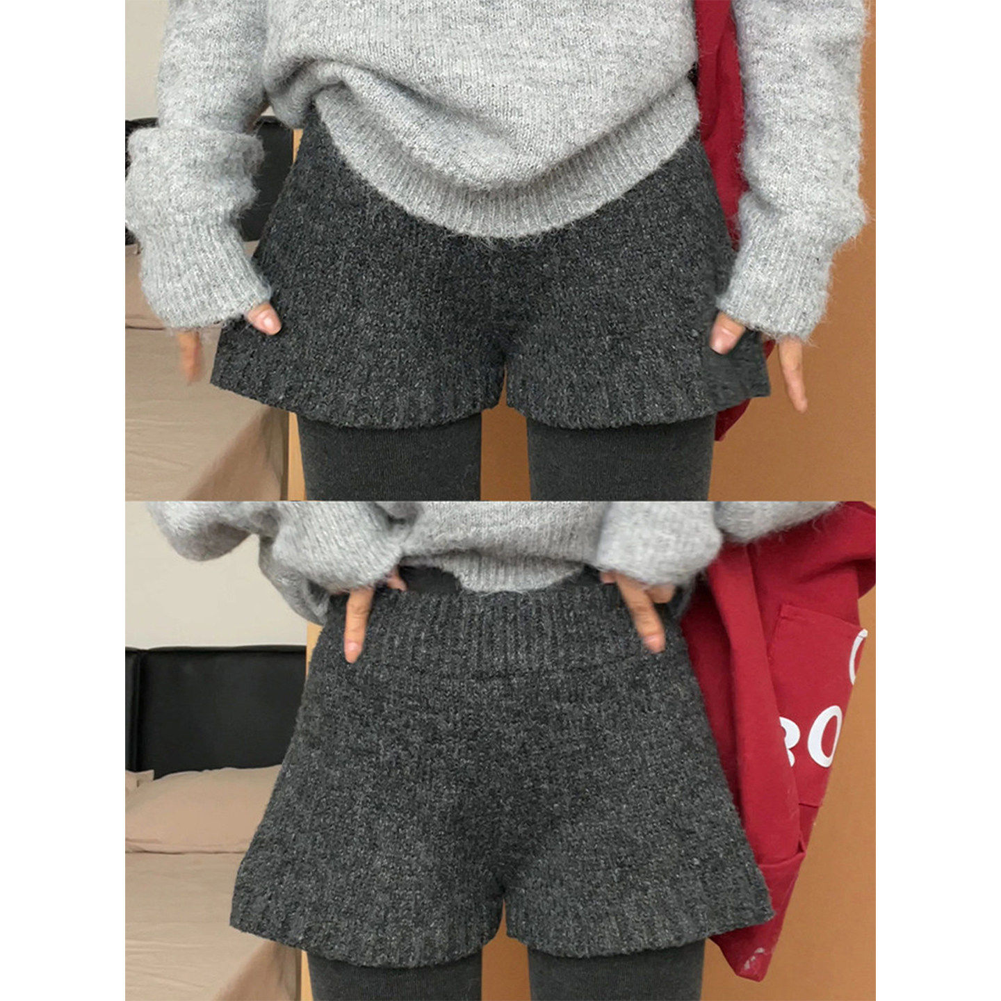 灰色高腰针织短裤女外穿秋冬