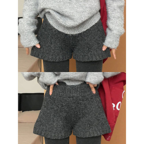灰色高腰针织短裤女外穿秋冬