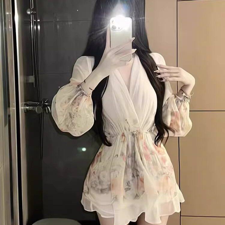 大尺码微胖V领碎花雪纺长