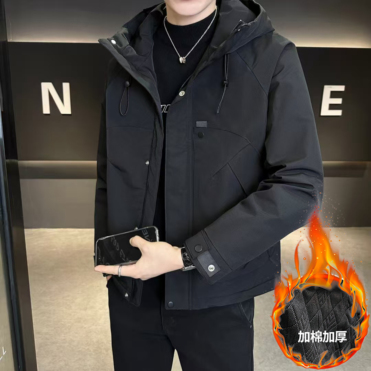 秋冬季二棉男装冲锋衣款连帽外套2025新款夹棉加厚男士夹克防风款