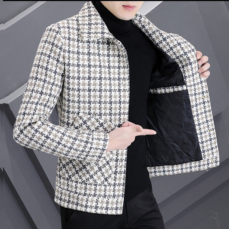 2025新款毛呢大衣男短款春秋季流翻领商务休闲千鸟格呢子夹克外套,男装,毛呢大衣,淘宝优惠券,粉丝福利购,淘宝优惠卷