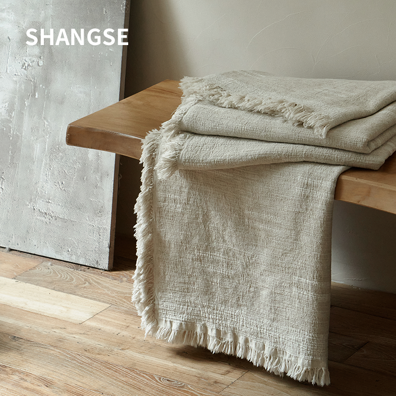 尚塞原创设计侘寂风中古风民宿样板房米色床旗简约搭毯搭巾床尾巾,床上用品,床旗,淘宝优惠券,粉丝福利购,淘宝优惠卷