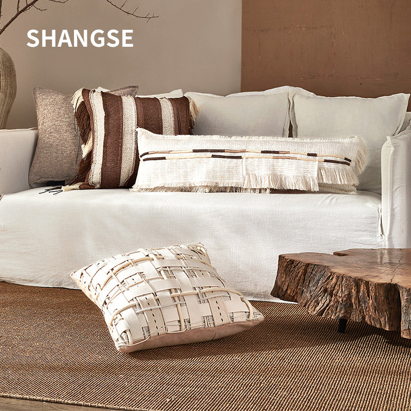 尚塞设计复古咖侘寂风中古风民宿高端编织手工样板房飘窗抱枕组合
