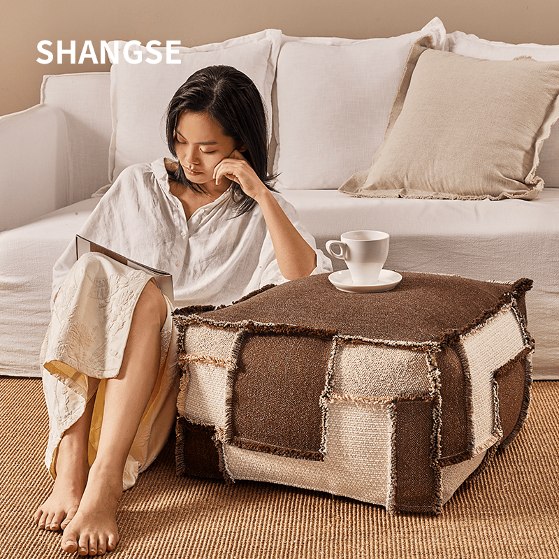 尚塞原创设计自然侘寂风中古风民宿样板房慵懒布艺小凳子坐墩抱枕