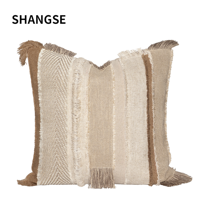 尚塞原创设计浅咖手工流苏多重拼接侘寂风格民宿抱枕客厅沙发靠枕