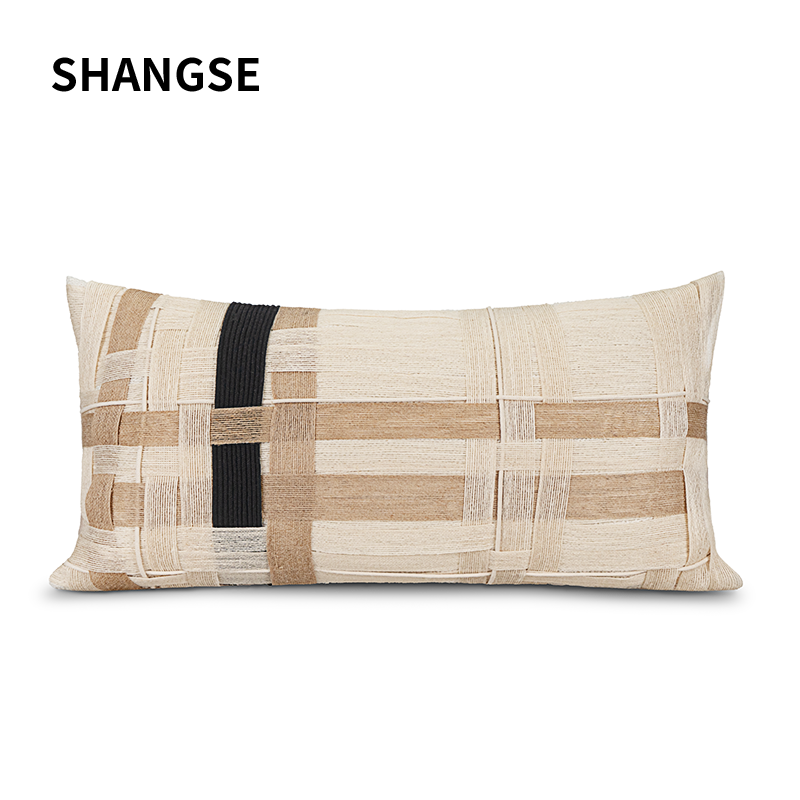 尚塞原创设计现代客厅沙发样板间米咖色抱枕麻带腰枕靠垫套