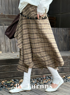 By turnns｜松仁罗勒｜复古不规则A字裙格子拼接裁剪咖色半身长裙