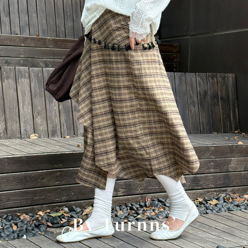 复古不规则A字裙格子拼接裁剪