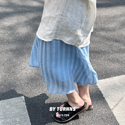By turnns｜波子汽水｜松紧腰文艺浪漫绑带半身裙亚麻轻透长裙