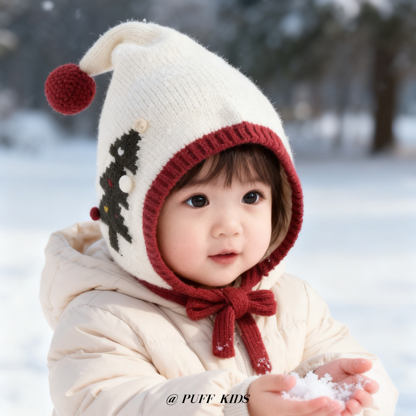 儿童新年帽子圣诞树针织护耳帽冬季男女宝宝尖尖顶红色星星精灵帽