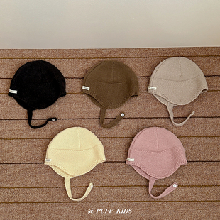 洋气纯色小标护耳帽宝宝简约保暖针织冷帽 ins韩系婴儿帽子秋冬季