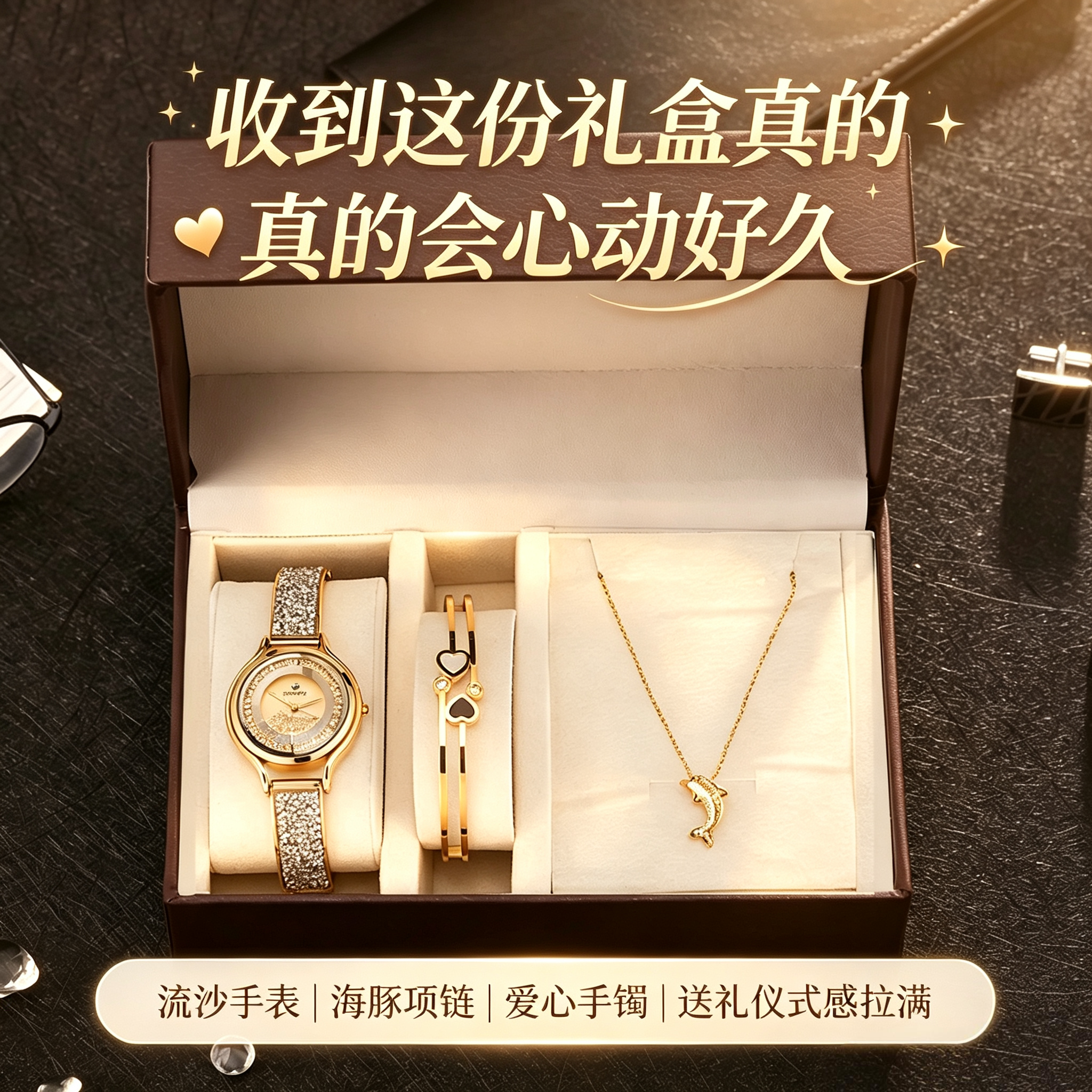 女士流沙手表三件套海豚项链爱心手镯礼盒送女友闺蜜生日礼物女表