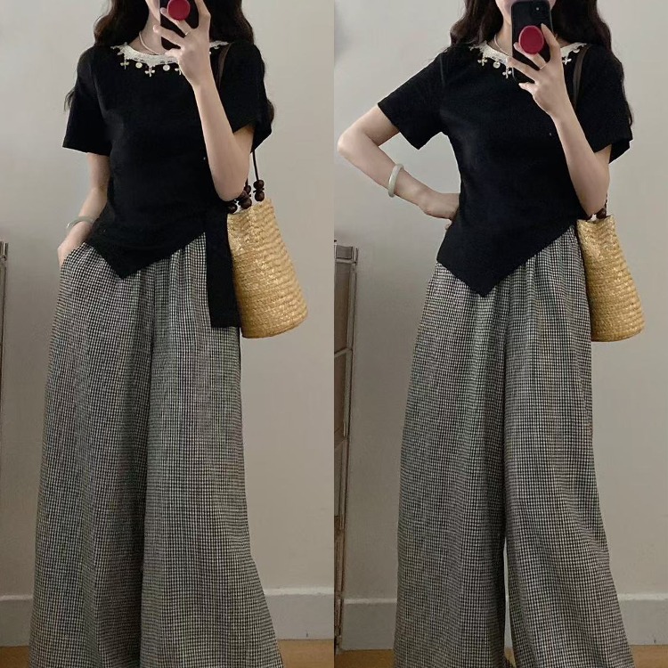 设计感显瘦上衣+格子阔腿裤宽松