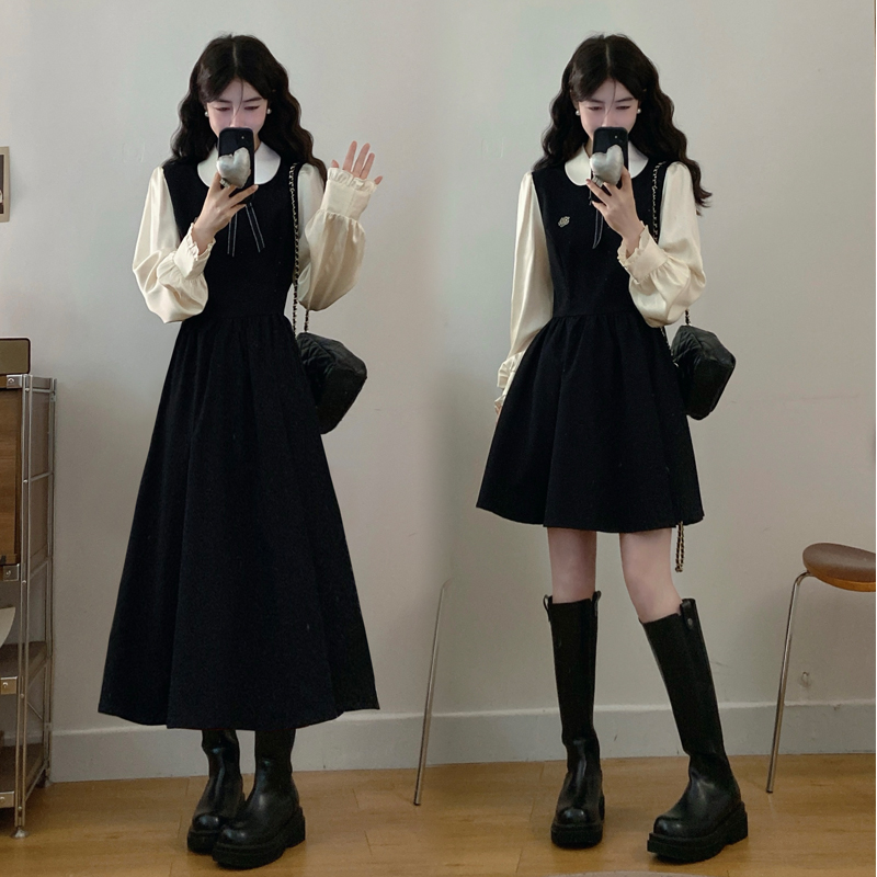 徽标裙微胖大码收腰学院风连衣裙